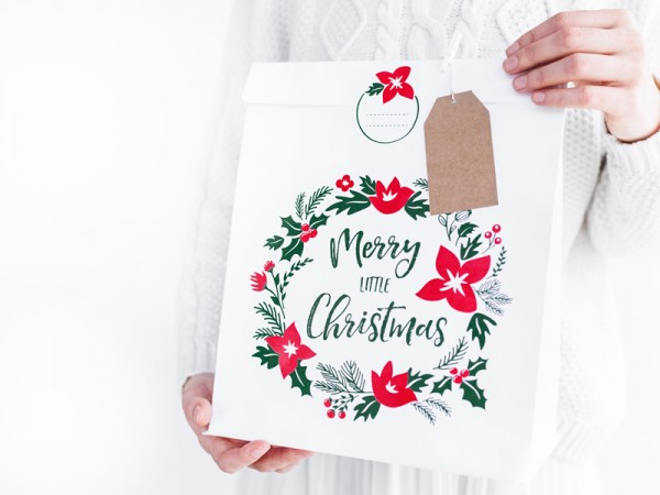 3 sacchetti regalo bianchi con ghirlanda di Natale