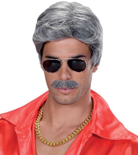 Silver gray playboy wig with mustache
