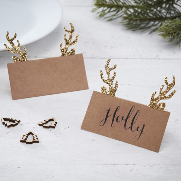 10 tarjetas rústicas de lugar de renos navideños doradas