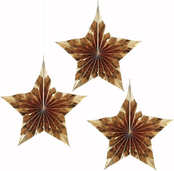 3 golden metallic magic star hangers 23cm