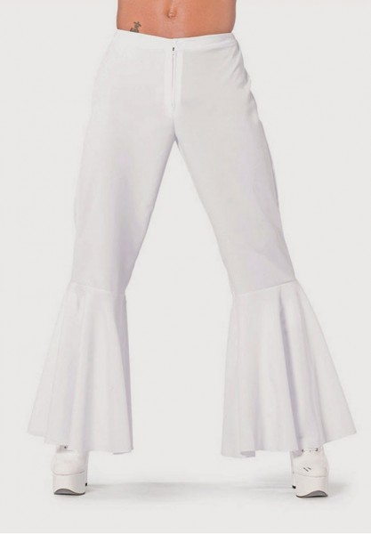 Białe spodnie rozszerzane w stylu disco z lat 70