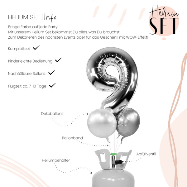 XXL Zahl 9 Silber Ballonbouquet-Set mit Heliumbehälter 3
