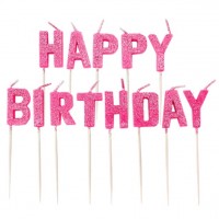 Happy Birthday glitzernde Tortenkerzen pink 13-teilig