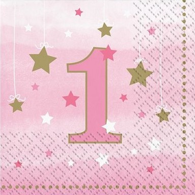 16 små lyserøde stjerner 1. fødselsdags servietter 25 x 25 cm