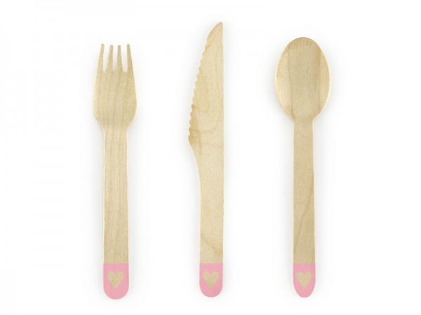 Wooden cutlery sweetheart with pink handles, 18 pieces