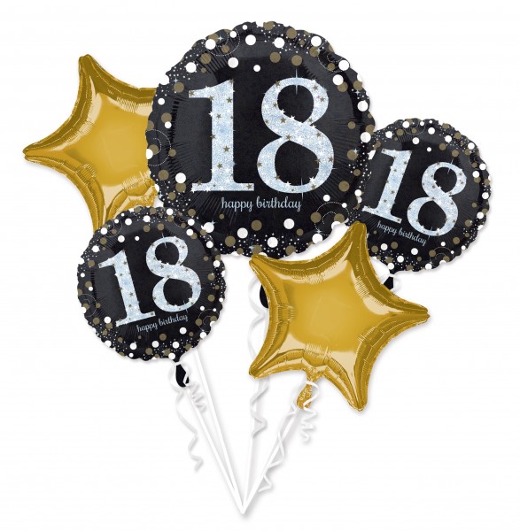 5 ballons aluminium 18ème anniversaire or noir