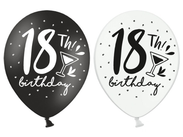 6 zwart-witte ballonnen 18e verjaardag