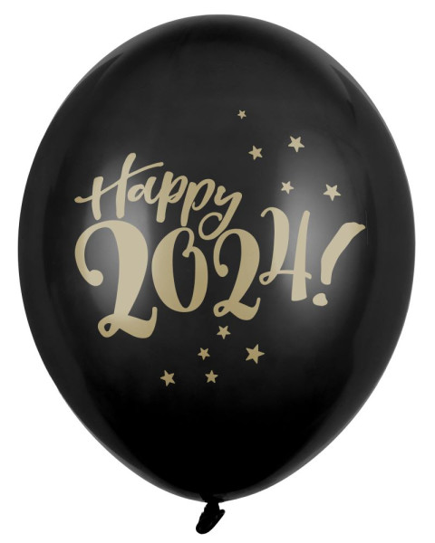 6 black and gold balloons Happy 2024