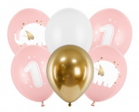6 roze Happy First Year ballonnen 30cm
