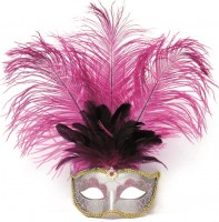 Zilveren oogmasker met paars-roze veren