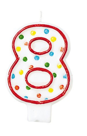 Celebrations number candle 8 with colorful dots for birthday cake