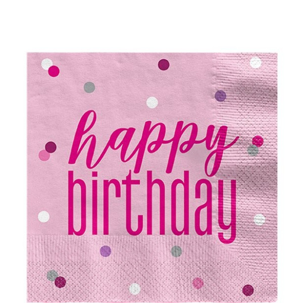 16 glitrende pink fødselsdags servietter 33 x 33 cm