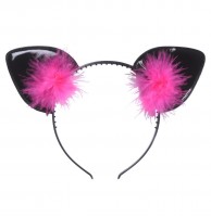 Vista previa: Diadema con orejas de gato de plumas rosa-negras