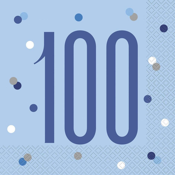 16 serviettes Happy 100th Bleu 33cm