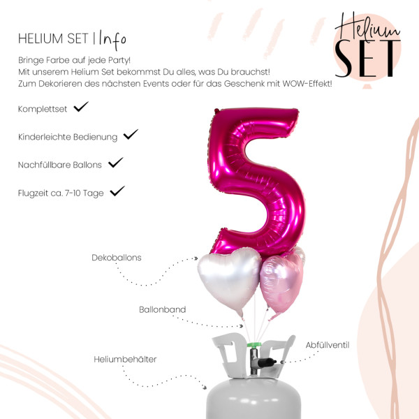 XXL Zahl5 Pink Ballonbouquet-Set mit Heliumbehälter 3