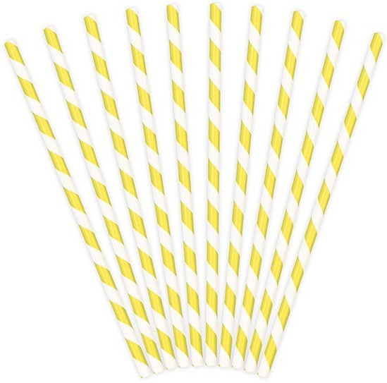 10 papierowych słomek w paski żółte 19,5 cm