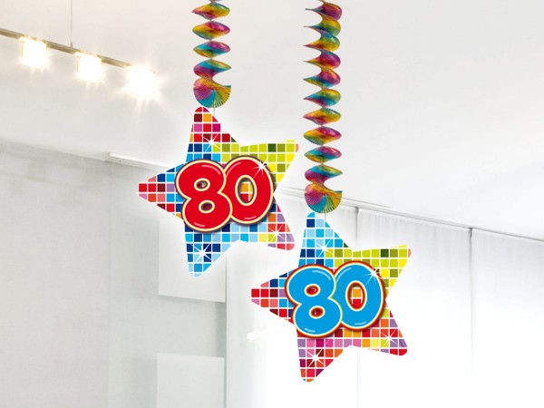 2 Groovy 80th Birthday spiral hangers 75cm