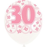 Oversigt: Blanding af 6 30-års fødselsdag balloner pink 30 cm