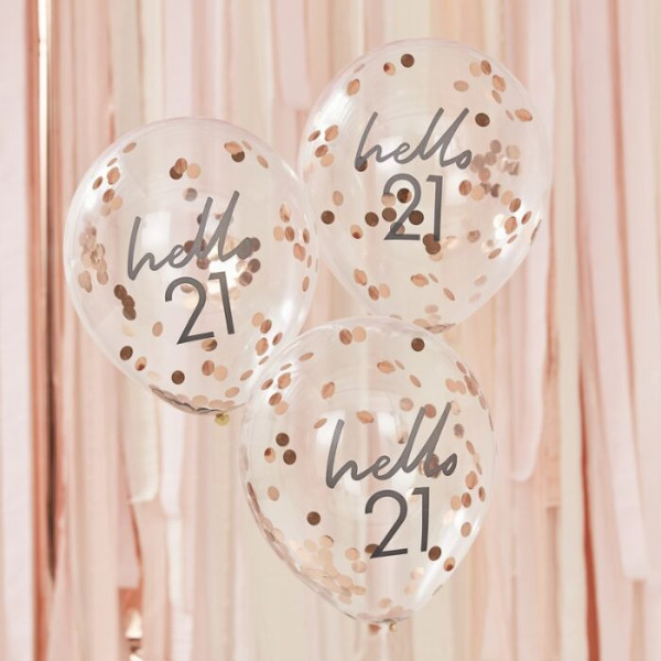 5 balonów Hello 21 konfetti różowe złoto 30cm