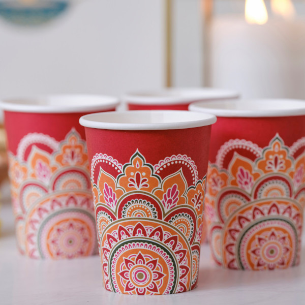 8 Eco kleurrijke Diwali papieren bekers 250ml