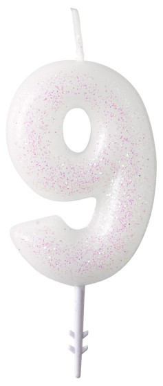 Glittering number candle 9 white 6.5cm
