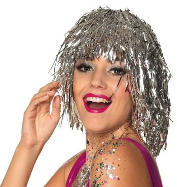 Silver tinsel disco wig