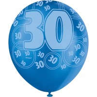 Aperçu: Mélange de 6 ballons 30ème anniversaire bleu 30cm