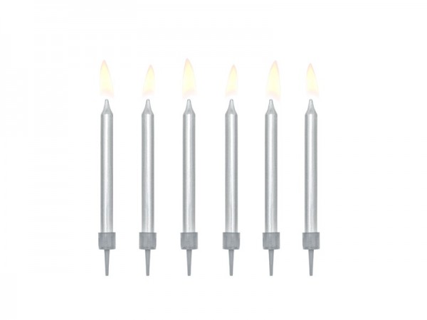 6 birthday candles silver metallic with holders