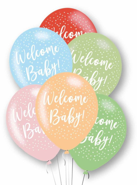 6 farverige Welcome Baby balloner 27,5 cm