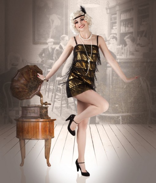 Złota sukienka z frędzlami z lat 20. XX wieku Britta