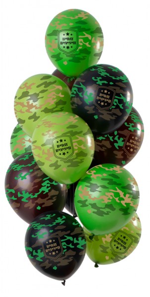 12 Happy Bday latex balloons camouflage colors