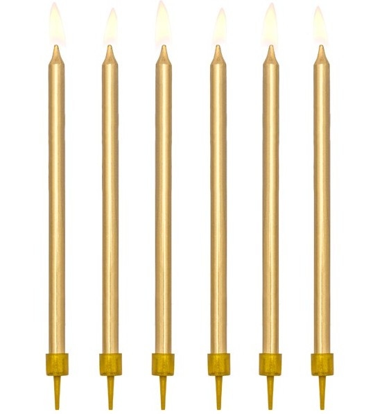 12 birthday candles including holders in gold 12.5cm
