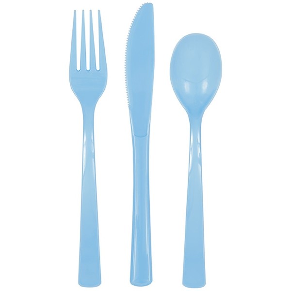 Lichtblauw plastic bestek set 18-delig, vorken messen lepels