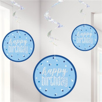 6 Sparkling Blue Birthday spiraalhangers 80cm