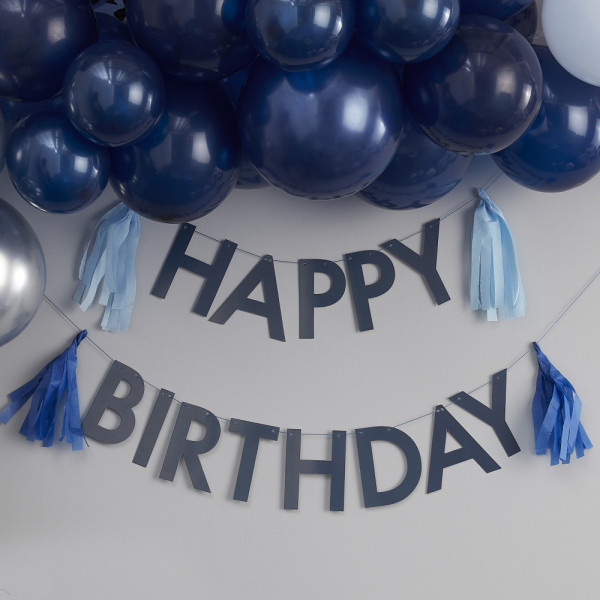 Guirnalda azul con borlas Happy Birthday