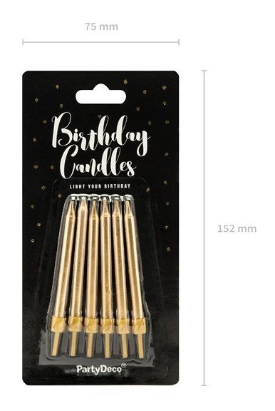 6 birthday candles including holders in gold 6cm