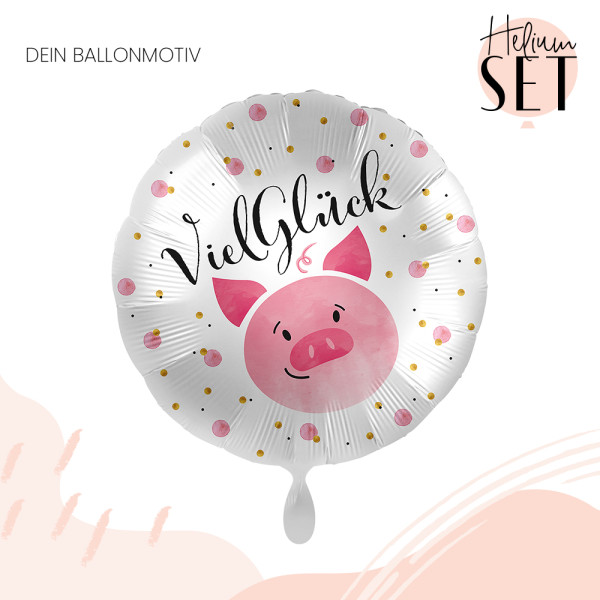 Viel Glück Schweinchen Ballonbouquet-Set mit Heliumbehälter