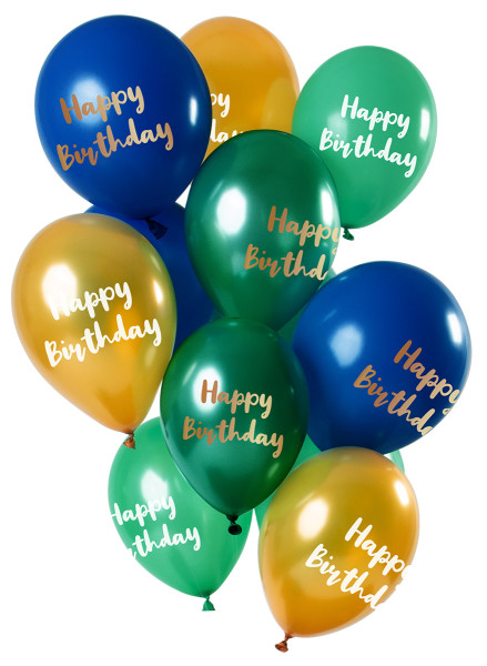 12 Happy Bday grönguld latexballonger