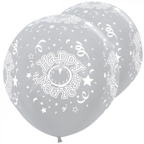 2 silver colored Happy New Year giant balloons 91cm