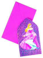 6 Pink Disney Princess Rapunzel glitter effect invitation cards in a set 9x14cm