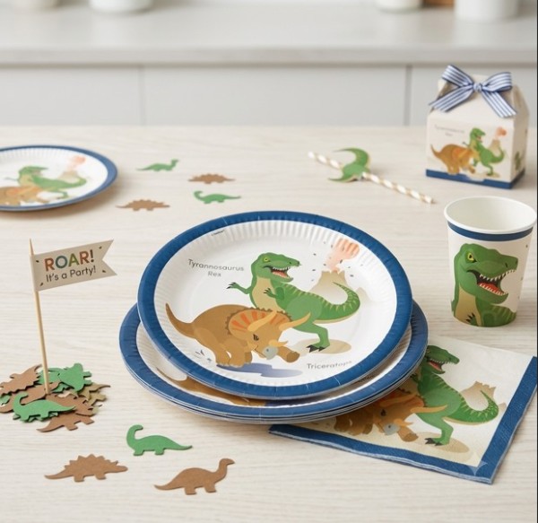 Assiettes en carton dinosaures T-Rex et Tricératops 23 cm, lot de 8