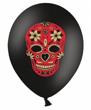 6 palloncini Dia de los Muertos neri con teschio rosso 30cm