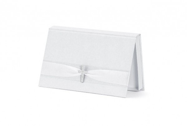 Caja de regalo blanca nacarada con decoración cruzada