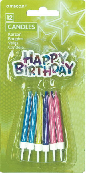 Farverigt Happy Birthday kagestearinlys inklusive holder 12 stk