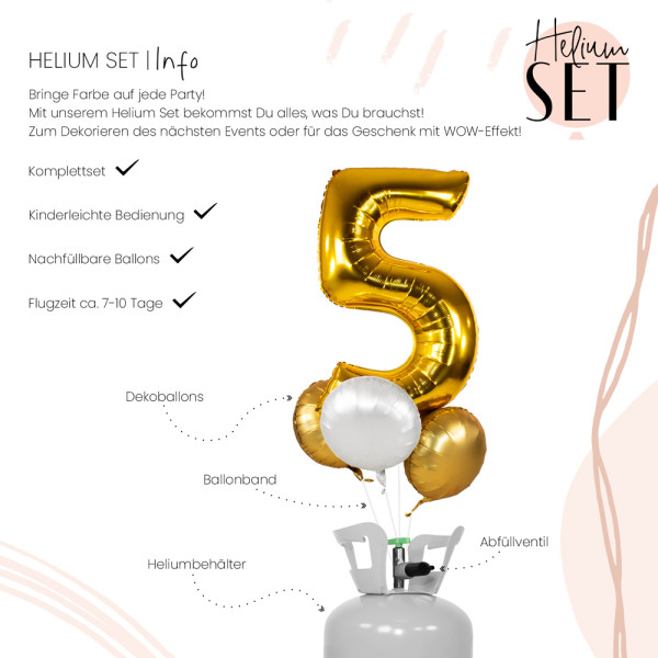 XXL Zahl 5 Gold Ballonbouquet-Set mit Heliumbehälter 3