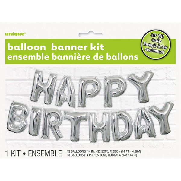 Happy Birthday foil balloon garland silver celebration
