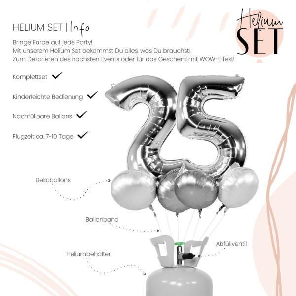 XXL Zahl 25 Silber Ballonbouquet-Set mit Heliumbehälter 3