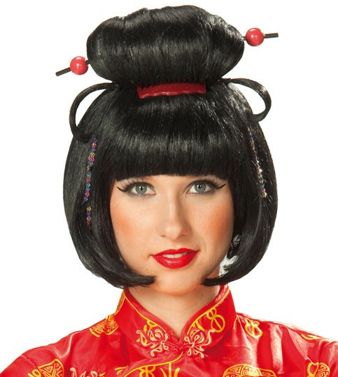 Peluca de geisha negra con perlas rojas