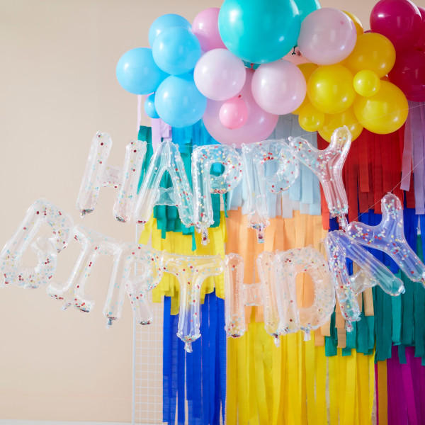 Transparent konfettiballong för grattis på födelsedagen