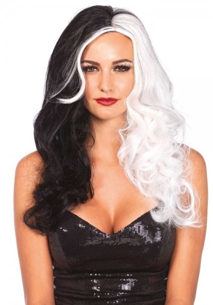 Perruque Cruella cheveux longs noir et blanc